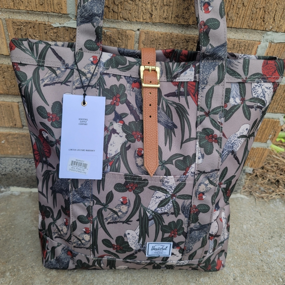 NWT Herschel Supply Nylon Leather Brindle Parlor Parrot XL Market Tote - Picture 2 of 9